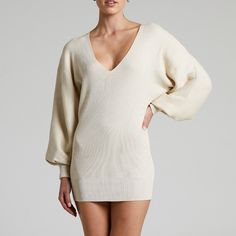 This Showpo Dress Is Brand New With No Imperfections. It Is A Us Size 4 (Size Small). The Exact Color Is Buscuit. Knit V-neck Dress For Brunch, Beige Stretch V-neck Sweater Dress, Beige V-neck Stretch Sweater Dress, Beige V-neck Sweater Dress With Stretch, V-neck Knit Dress For Brunch, Ribbed V-neck Dress For Brunch, V-neck Ribbed Dresses For Brunch, Chic V-neck Sweater Dress For Daywear, V-neck Sweater Dress For Daywear