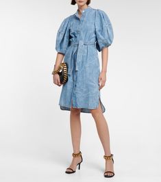 Puff Sleeve Denim Shirt Dress in Blue - Stella Mc Cartney | Mytheresa Denim Shirt Dress Women, Stella Mc, Chic Shirts, Women's Blouses, Denim Shirt Dress, Dress Silhouette, Dress Shirts For Women, Denim Shirt, Denim Wash