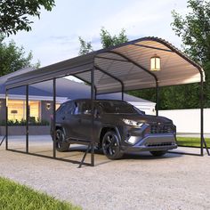 a car is parked in front of a house with a carport attached to it