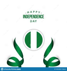 happy independence day greeting card with green ribbon and leaves on white background stock photo image