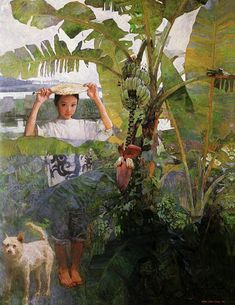 a painting of a woman standing next to a banana tree with a dog in the foreground