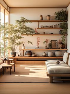 a living room filled with lots of furniture and plants on top of shelves next to windows