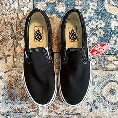 A Classic Pair Of Black Canvas Slip-On Vans. I Bought These In The Wrong Size And Missed My Return Window, So Here We Are! New With Tags / Never Worn Unisex - Women’s 9.5, Men’s 8 Perfect Condition Cute, Vintage, Alt Aesthetic Trendy And Iconic Slip-On Shoe Great For The New School Year / Upcoming Fall Season Offers Always Welcome Discount + Group Shipping On Bundles Of 3+ Feel Free To Ask For Additional Photos Comes From A Pet-Free, Smoke-Free Home Vans Aesthetic, Alt Aesthetic, Slipon Shoes, Vans Black And White, Black Vans, Vans Slip On, The New School, New School Year, Vans Classic Slip On