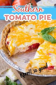 a close up of a pie on a plate with the words southern tomato pie above it