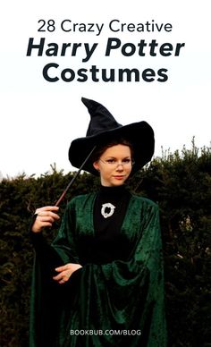 a woman in a green dress and black hat holding an umbrella with the words 28 crazy creative harry potter costumes