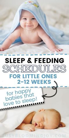 a baby laying on top of a bed under a blue blanket with the words sleep and feeding schedules for little ones 2 - 12 weeks