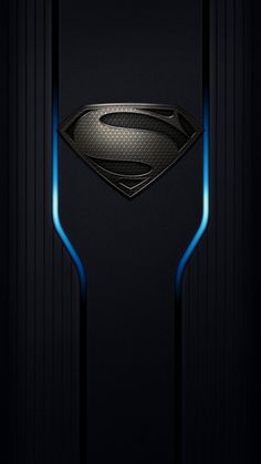 the superman symbol is illuminated in blue on a dark background with vertical stripes and lines