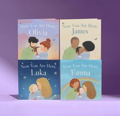 three children's books are shown in front of a purple background with the words now you are here, now you are here, now you are here, and now you are here