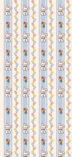 a blue and white striped wallpaper with an image of a rabbit holding flowers in it's mouth