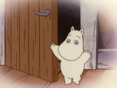 a cartoon character standing in front of a door