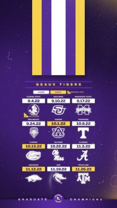 the lsu football team's schedule is shown in purple, yellow and white colors