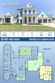 the floor plan for this home is shown in blue and white, with two story houses on