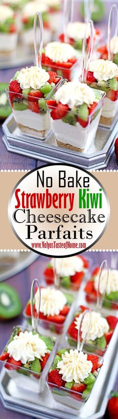 no bake strawberry kiwi cheesecake parfaits is displayed on a tray