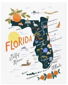 an illustrated map of florida with all the states and their major cities, including oranges