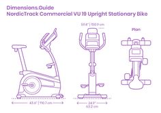 the nordic track commercial v1 upright stationary bike is shown in purple and has measurements