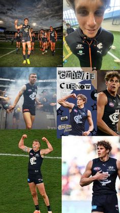 the collage shows many different pictures of men in sports uniforms, including one with his arms up