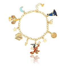 Ten charms encircle the 7-inch chain bracelet. The Disney charms recall The Sorcerer's Apprentice from Fantasia. Charms include Mickey Mouse, stars, a moon, musical notes, and The Sorcerer's Hat Yellow Gold flash plated brass Length: 7"+1" extender Officially licensed Disney Jewelry Includes Complimentary Disney Gift Box Mickey Mouse Bracelet, Disney Christmas Gifts, Disney Characters Christmas, Disney Charm Bracelet, The Sorcerer's Apprentice, Disney Magic Bands, Disney World Christmas, Disney 2024, Fantasia Disney