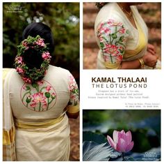 the back of a woman's blouse with flowers in her hair and an image of a lotus flower