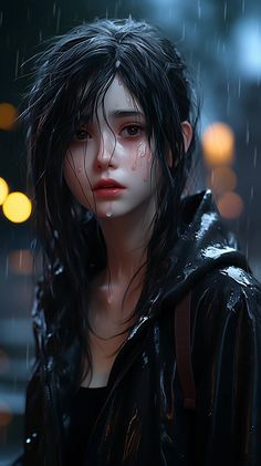 a woman with long black hair standing in the rain