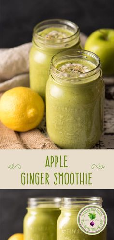 three jars filled with green smoothie next to two lemons and an apple on the side