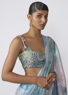 Kinfolk aurora printed sequin tulle draped saree with applique embellished blouse. Draped Saree, Sharara Gharara, Nyc Studio, Drape Saree, Embellished Blouse, Nehru Jackets, Lehenga Saree, Sharara Set, Western Wedding