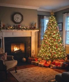 a living room with a christmas tree and fireplace