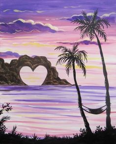 a painting of a hammock and palm trees in front of the ocean at sunset