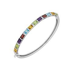 Sterling Silver Diamond and Gemstone Rainbow Bangle Bracelet  Dress up most any outfit with the rainbow of genuine gemstones in this sterling silver, hinged bangle-style bracelet. The pretty design features blue topaz, purple amethyst, red garnet, yellow citrine and green peridot stones, along with sparkling diamond accents       Bracelet approx. 7.25" x 4.25mm      Stamped .925; rhodium plating     Hinged bangle bracelet design with box closure     Top half of bracelet lined with colored gemsto Elegant Multicolor Stackable Jewelry, Fine Jewelry Multi-stone Bangle, Elegant Rainbow Colored Bangle Jewelry, Sterling Silver Multi-stone Bracelets, Sterling Silver Gemstone Bangle Bracelet, Sterling Silver Gemstone Bracelet, Fine Jewelry Sterling Silver Gemstone Bangle, Rainbow Multi-stone Bracelet Jewelry, Rainbow Multi-stone Bracelet