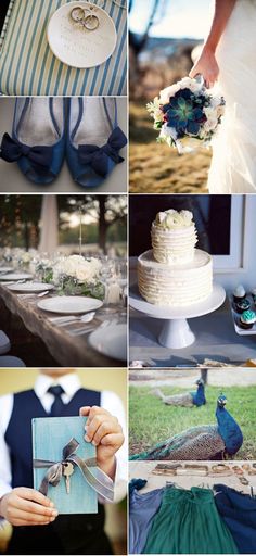 a collage of photos with peacocks and wedding cake