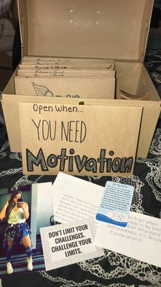 the open box is full of motivational notes and information for women who need to be involved in achieving their goals