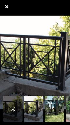 an image of a balcony with railings and stairs in the foreground, along with photos of trees on the other side