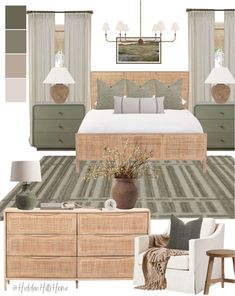 a bedroom is shown with neutrals and greens in the color scheme, including green