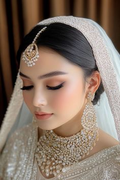 a woman wearing a bridal gown and jewelry