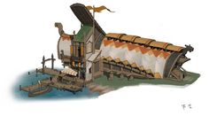 an illustration of a house made out of wood and fabric with a boat in the water