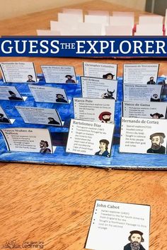 a table topped with cards and pictures on top of each other next to a sign that says guess the explorer