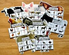 several farm animals and their names are shown in this set of animal matching puzzles for kids