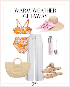 Soak up the sun in style with this vibrant tropical print bikini top and bottom set! Slip into some breezy white high-waisted gauze cover-up pants to keep things chic and comfy when you’re not in the water. Step into some cute nude sandals that’ll take you from the sand to the sidewalk with ease. Toss your essentials into a woven beach tote bag that’s as practical as it is stylish. hield yourself from those rays with a straw sun hat topped off with a cute pink bow! Pink Summer Straw Bag For Beach, Casual Pink Beach Bag For Poolside, Outfits For February, Pink Chic Beach Bag, Pink Floral Print Cover-up For Beach Season, Vacation Outfits Beach, Pink Printed Beach Cover-up, Brunch Outfit Winter, Atlanta Style