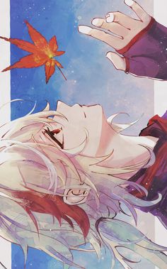 an anime character with long hair and falling leaves in the air, looking up at something