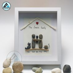 some rocks are sitting in front of a white frame with the words, the smith family on it