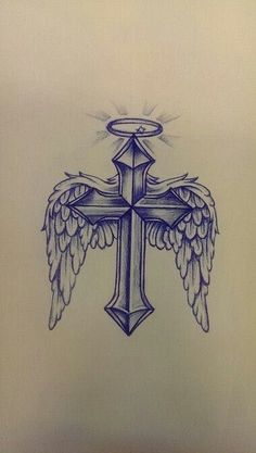 a cross with wings and an angel halo on the top is drawn in pencil by hand