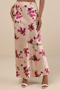 Slip on the Lulus Captivating Element Mauve Pink Floral Print Satin Maxi Skirt for a luxuriously ethereal aesthetic! A large-scale, magenta floral print sweeps across glossy woven satin as it shapes this elegant skirt with a high-rise fit and a figure-skimming silhouette. Slightly flaring maxi hem completes the design. Hidden side zipper/clasp. Pair with the matching top for a complete look! Fit: This garment fits true to size. Length: Ankle length. Size medium measures 41.25" from waist to hem. Waist: Fitted - very fitted at natural waist. Hip: Loosely Fitted. Fabric: Fabric has no stretch. Lined to mid-thigh. Shell: 100% Polyester. Lining: 97% Polyester, 3% Spandex. Hand Wash Cold. Do Not Bleach. Hang To Dry. Imported. Lulus | Captivating Element Mauve Pink Floral Print Satin Maxi Skirt Satin Prints Fabrics, Floral Satin Skirt, Satin Maxi Skirt, Ethereal Aesthetic, Fun Quizzes, Elegant Skirt, Pink Floral Print, Satin Maxi, Mauve Pink