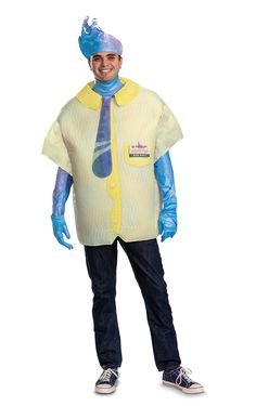 a man in a blue and yellow costume is standing with his hands on his hips