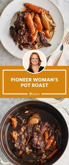 a woman sitting at a table in front of a plate of food with meat and potatoes