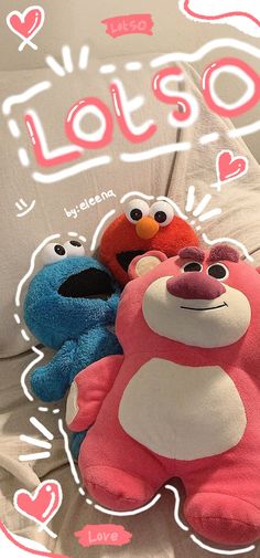 three stuffed animals sitting on top of a bed with the words loso written above them