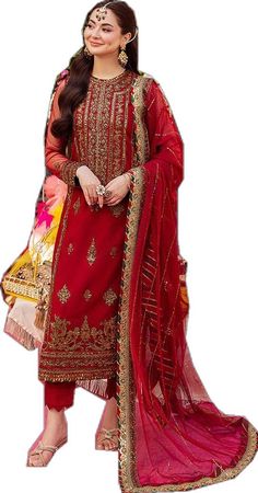 Red Anarkali Dress With Pallu, Traditional Red Dresses For Eid, Red Traditional Dress For Eid, Red Georgette Sharara For Festivals, Red Floor-length Churidar With Pallu, Red Floor-length Chinon Set, Red Dress For Wedding Navratri, Red Wedding Dress For Navratri, Red Bollywood Dress With Resham Embroidery