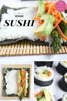 sushi with carrots, broccoli and avocado on it is shown