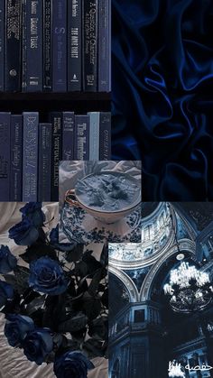 blue roses and books on a table