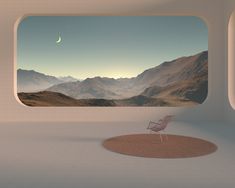 there is a chair in the middle of an empty room with mountains and a moon