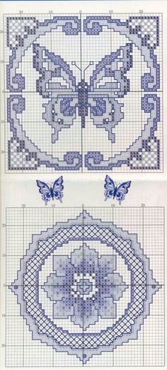 two cross stitch patterns with butterflies on them