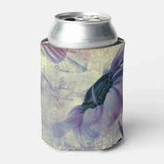 a can cooler with a purple flower on it